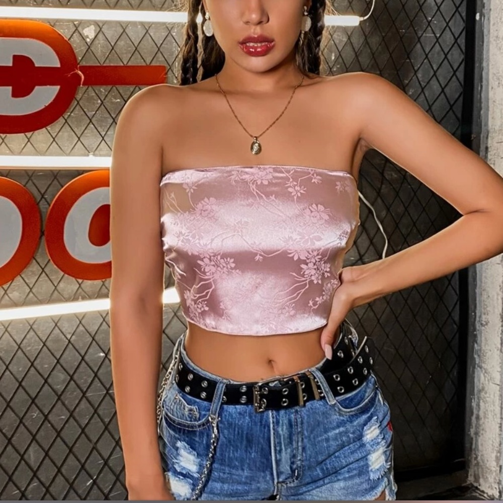 Satin jaquard floral tube top